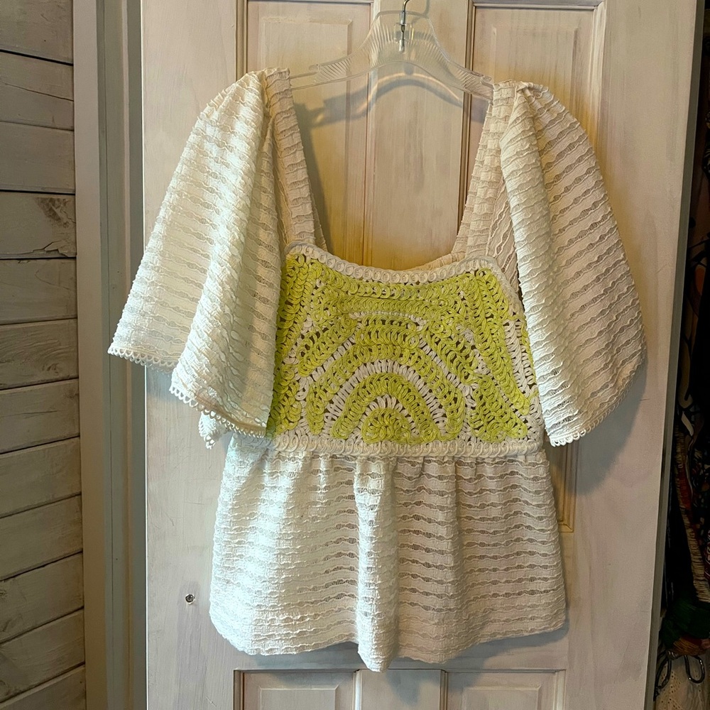 Anthropologie White Textured Top with Lime Crochet Panel